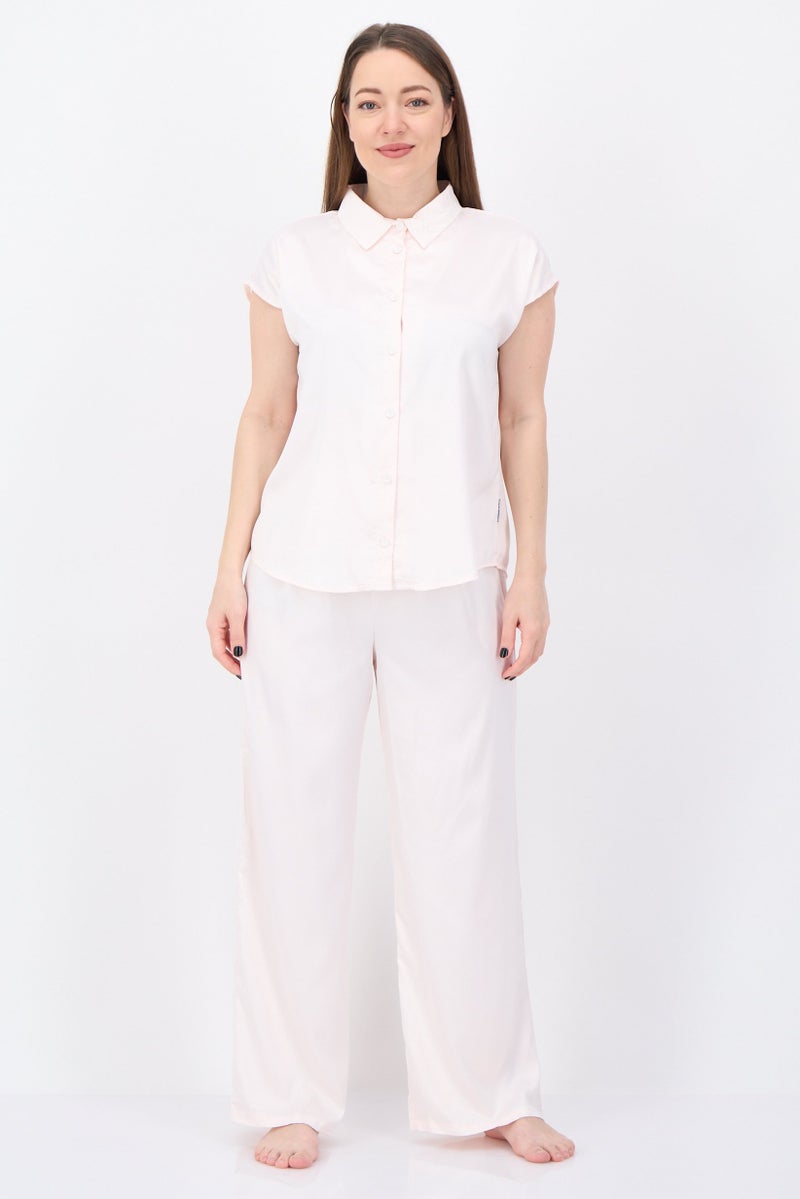 NINE WEST Women 2 Pcs Solid Cap Sleeve Satin Pyjama Set, Pink - Image 1